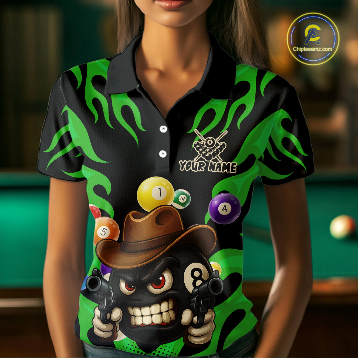 Personalized Green Funny Flame 8 Ball Billiard Shirt For Women Custom Pool Team Jersey Polo, 1/4 Zip TDM4985