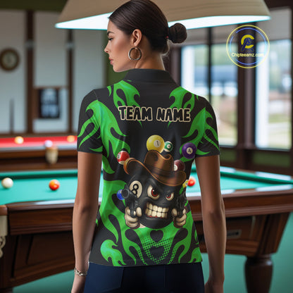 Personalized Green Funny Flame 8 Ball Billiard Shirt For Women Custom Pool Team Jersey Polo, 1/4 Zip TDM4985