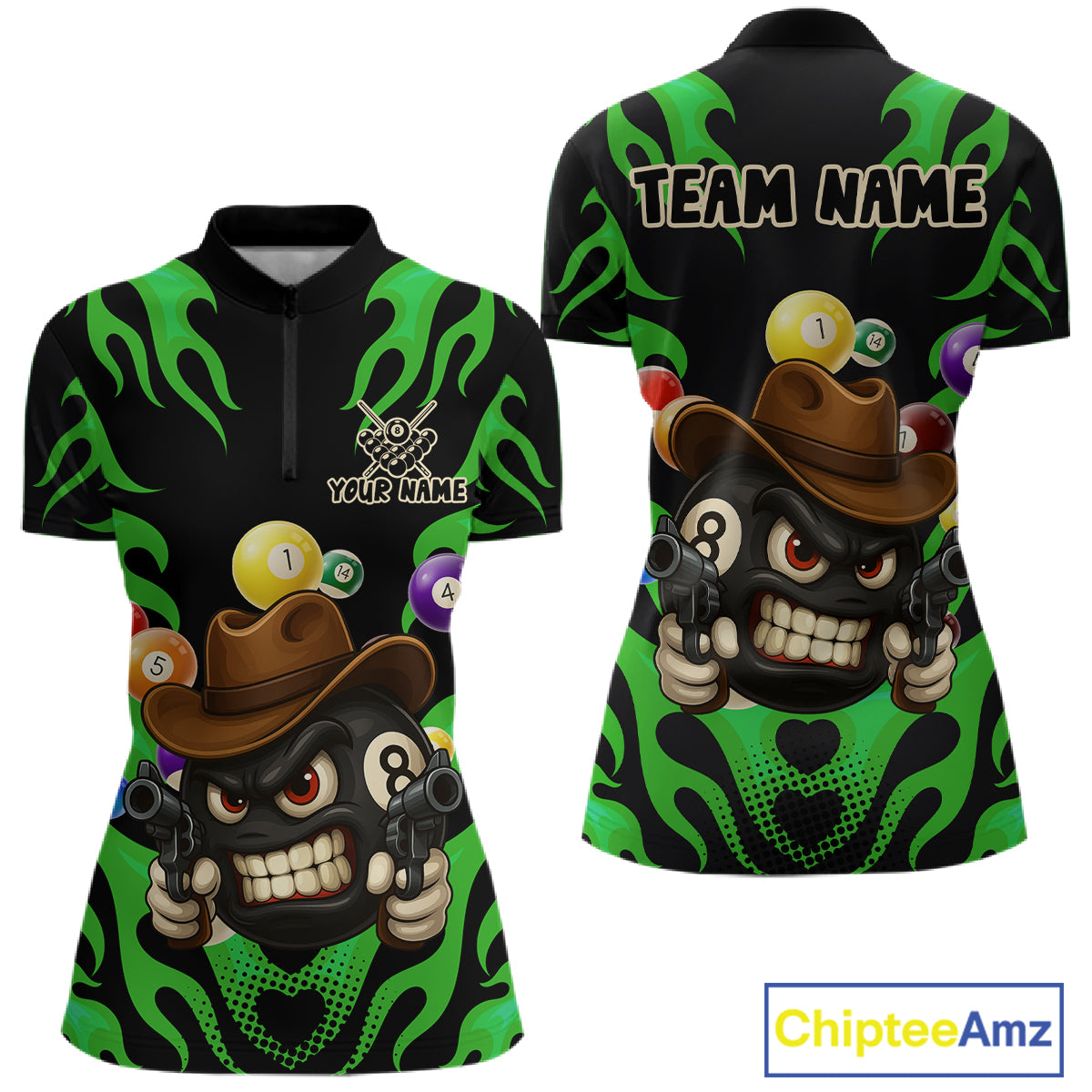 Personalized Green Funny Flame 8 Ball Billiard Shirt For Women Custom Pool Team Jersey Polo, 1/4 Zip TDM4985