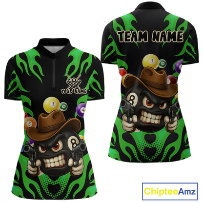 Personalized Green Funny Flame 8 Ball Billiard Shirt For Women Custom Pool Team Jersey Polo, 1/4 Zip TDM4985
