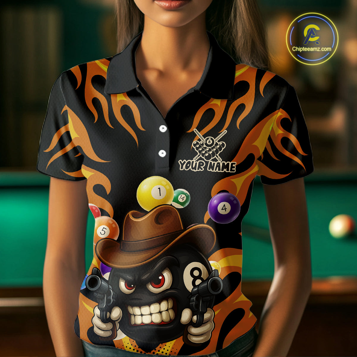 Orange Funny Flame 8 Ball Billiard Shirt For Women Custom Pool Team Jersey Polo & Quarter Zip TDM4986