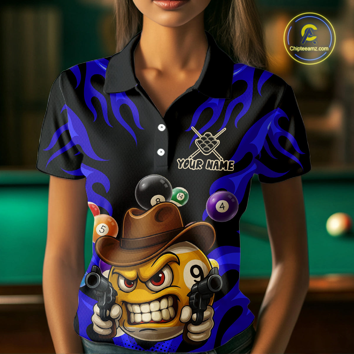 Personalized Blue Funny Flame 9 Ball Billiard Shirt For Women Custom Pool Team Jersey Polo & 1/4 Zip TDM4987