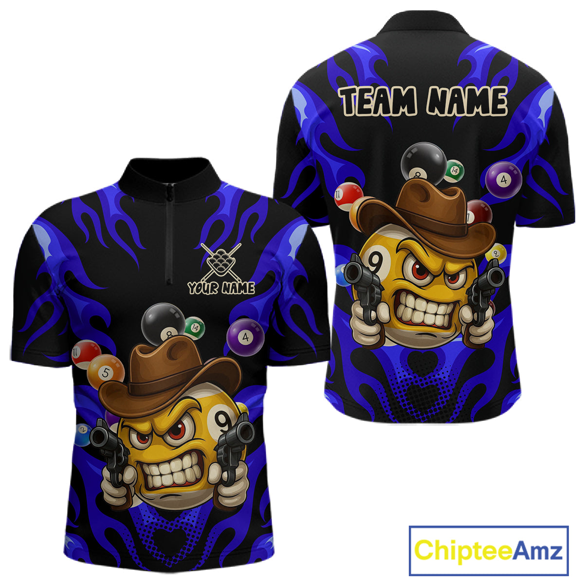 Personalized Blue Funny Flame 9 Ball Billiard Shirt For Men Custom Pool Team Jersey Polo & 1/4 Zip TDM4987