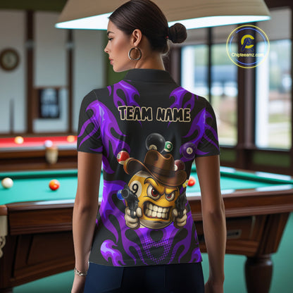 Personalized Purple Funny Flame 9 Ball Billiard Shirt For Women, Pool Team Jersey Polo & 1/4 Zip TDM4988