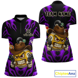 Personalized Purple Funny Flame 9 Ball Billiard Shirt For Women, Pool Team Jersey Polo & 1/4 Zip TDM4988