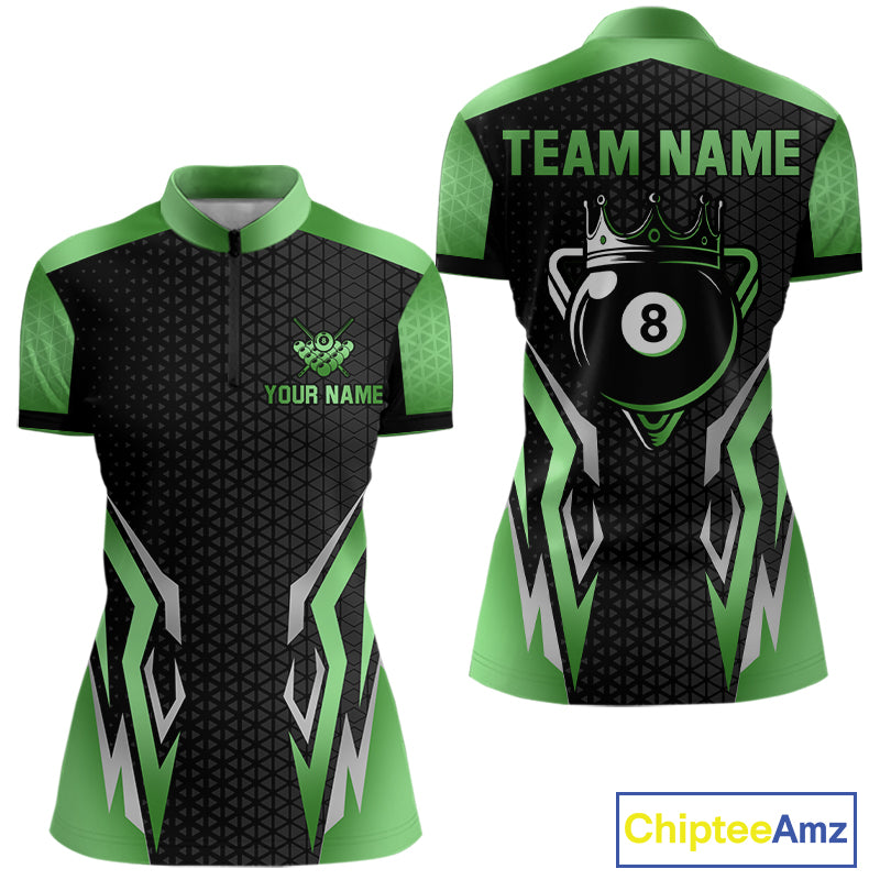 Black And Green 8 Ball Pool Crown Billiard Shirt For Women Custom Billiard Jersey Polo & 1/4 Zip TDM4991