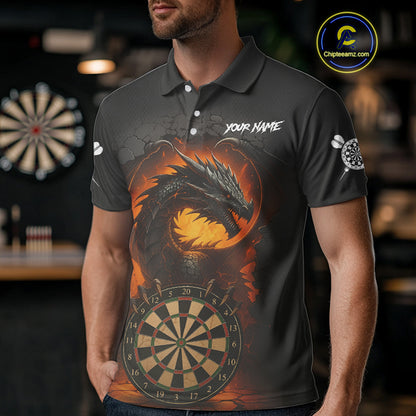 Personalized Black Grey Dragon Darts Shirt For Men Custom Fire Dart Jersey Team Polo & 1/4 Zip TDM5179