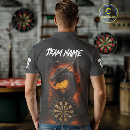 Personalized Black Grey Dragon Darts Shirt For Men Custom Fire Dart Jersey Team Polo & 1/4 Zip TDM5179