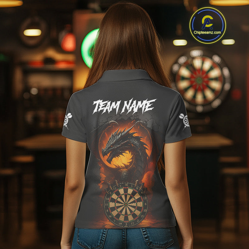 Personalized Black Grey Dragon Darts Shirt For Women Custom Fire Dart Jersey Team Polo & 1/4 Zip TDM5179