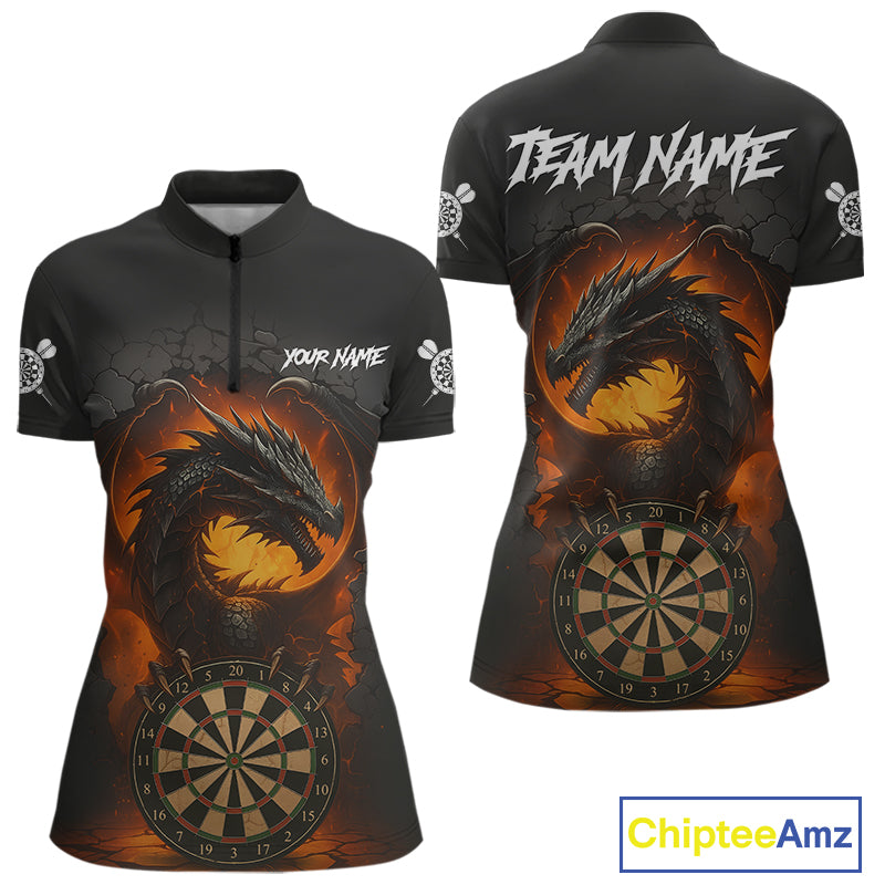 Personalized Black Grey Dragon Darts Shirt For Women Custom Fire Dart Jersey Team Polo & 1/4 Zip TDM5179