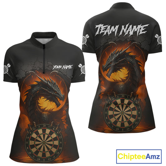 Personalized Black Grey Dragon Darts Shirt For Women Custom Fire Dart Jersey Team Polo & 1/4 Zip TDM5179
