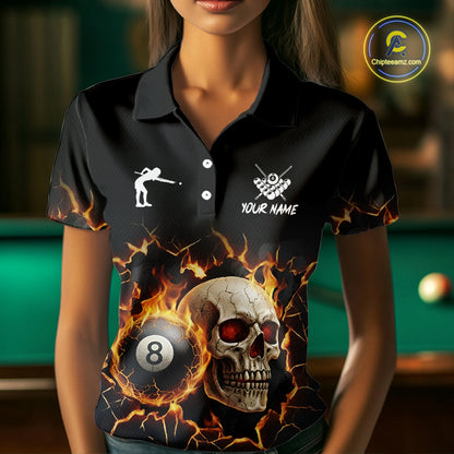Personalized Skull 8 Ball Fire Billiard Shirt For Women Custom Pool Team Shirt, Billiard Jersey TDM5424