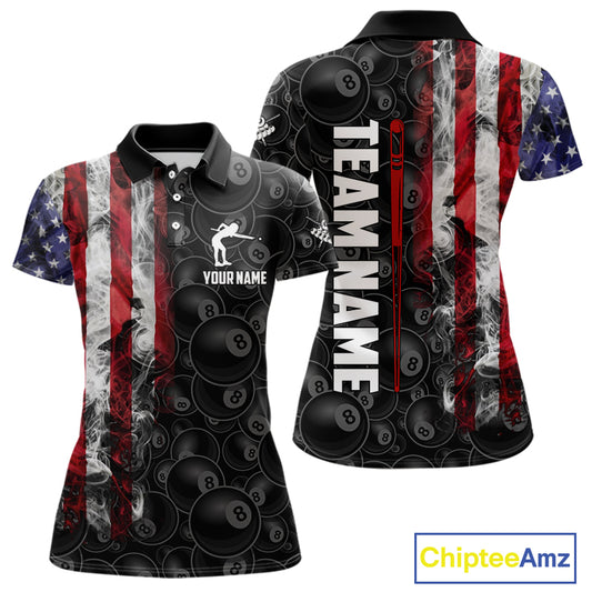 Personalized Smoke American Flag 8 Ball Billiard Shirts For Women Custom Patriotic Pool Team Jerseys TDM5430