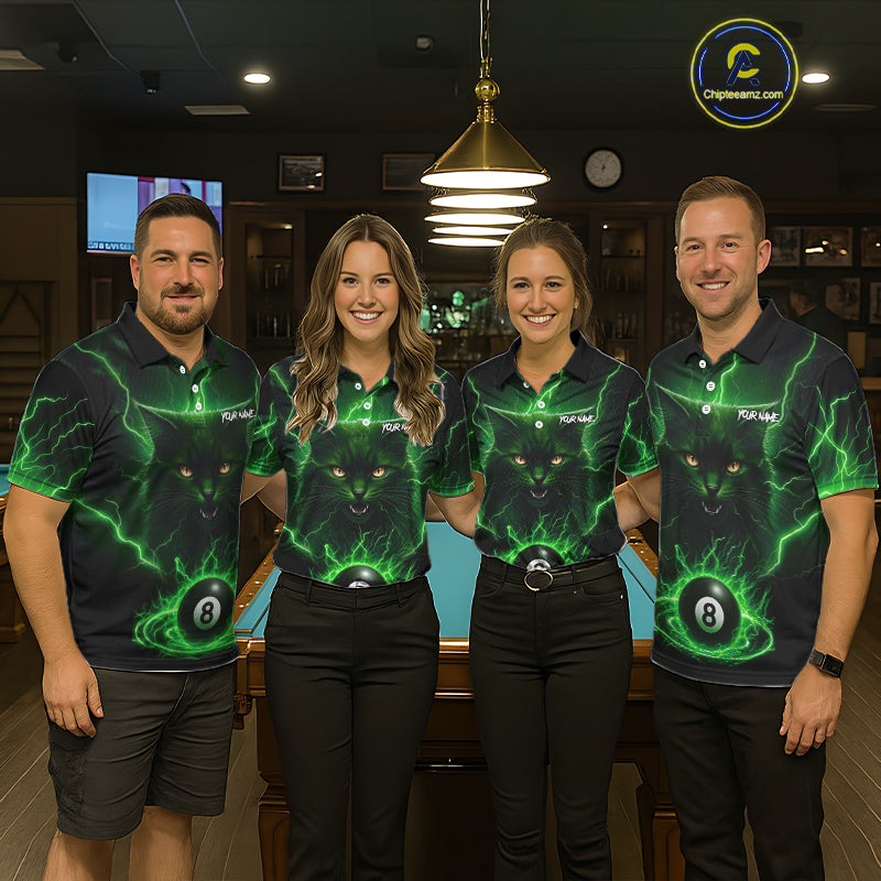 Green 8 Ball Thunder Lightning Cat Billiard Shirt For Women Custom Pool Team Jersey Polo & 1/4 Zip TDM5696