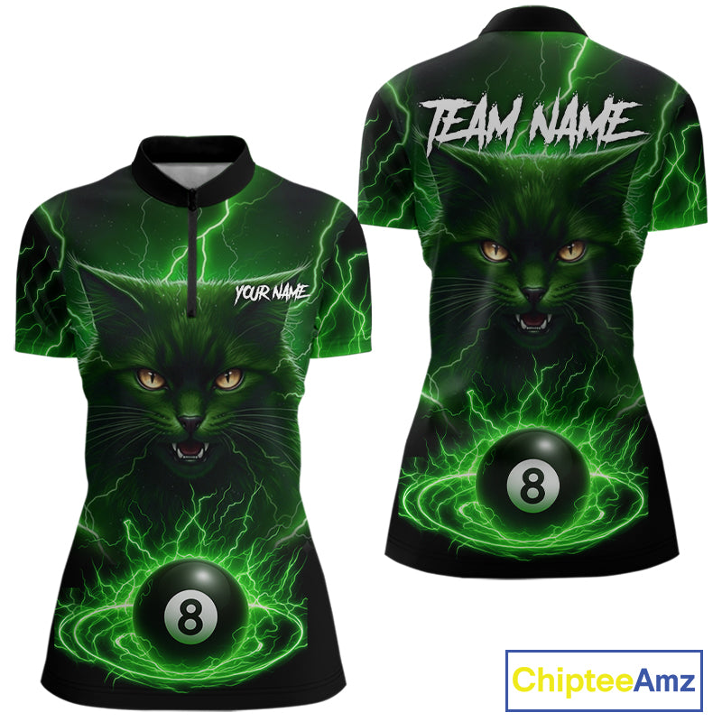Green 8 Ball Thunder Lightning Cat Billiard Shirt For Women Custom Pool Team Jersey Polo & 1/4 Zip TDM5696