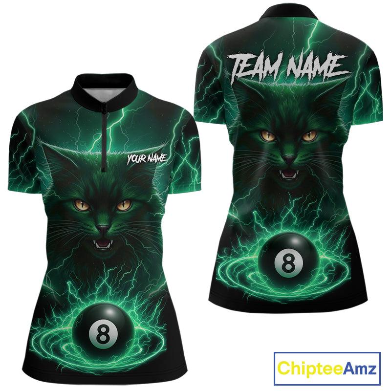 Turquoise 8 Ball Lightning Cat Billiard Shirt For Women Custom Pool Team Jersey Polo & 1/4 Zip TDM5697