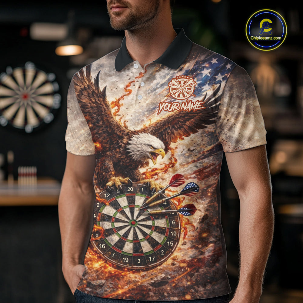 Personalized Grunge Fire Eagle Darts Shirt For Men, Patriotic Darts Jersey Team Polo & 1/4 Zip TDM5911