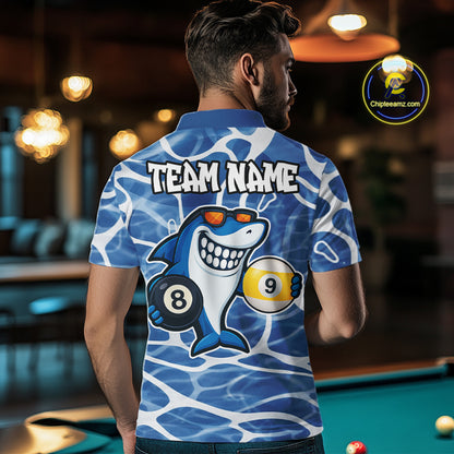 Blue Funny Shark 8 Ball & 9 Ball Billiard Shirt For Men Custom Pool Team Jersey Polo & 1/4 Zip TDM6056