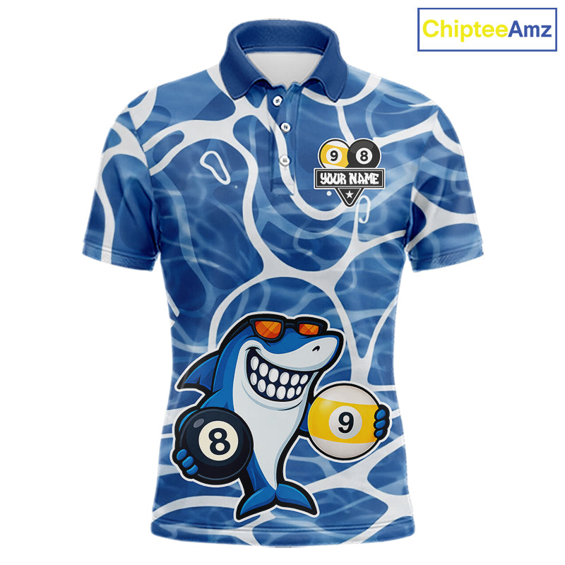 Blue Funny Shark 8 Ball & 9 Ball Billiard Shirt For Men Custom Pool Team Jersey Polo & 1/4 Zip TDM6056