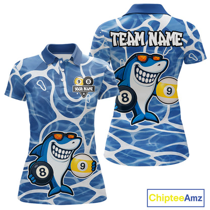 Blue Funny Shark 8 Ball & 9 Ball Billiard Shirt For Women Custom Pool Team Jersey Polo & 1/4 Zip TDM6056
