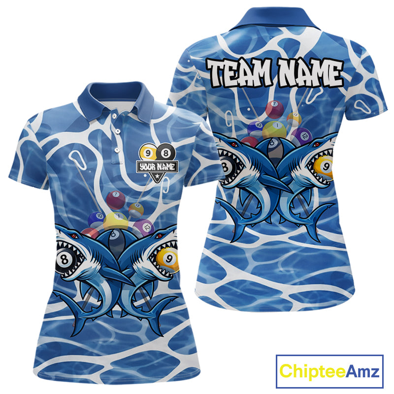 Blue Funny Shark 9 Ball & 8 Ball Billiard Shirt For Women Custom Pool Team Jersey Polo & 1/4 Zip TDM6057