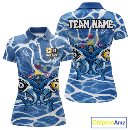 Blue Funny Shark 9 Ball & 8 Ball Billiard Shirt For Women Custom Pool Team Jersey Polo & 1/4 Zip TDM6057