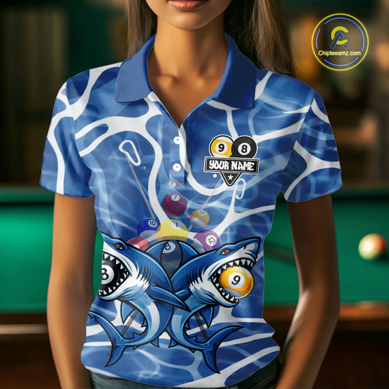 Blue Funny Shark 9 Ball & 8 Ball Billiard Shirt For Women Custom Pool Team Jersey Polo & 1/4 Zip TDM6057