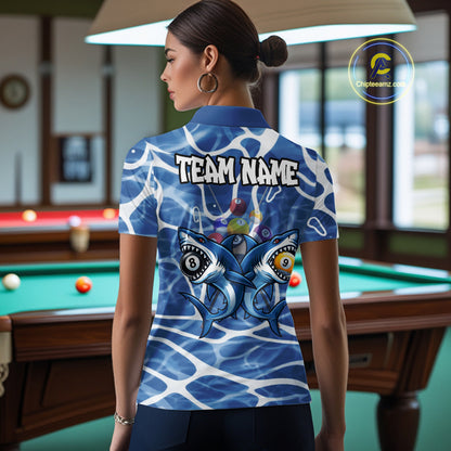 Blue Funny Shark 9 Ball & 8 Ball Billiard Shirt For Women Custom Pool Team Jersey Polo & 1/4 Zip TDM6057