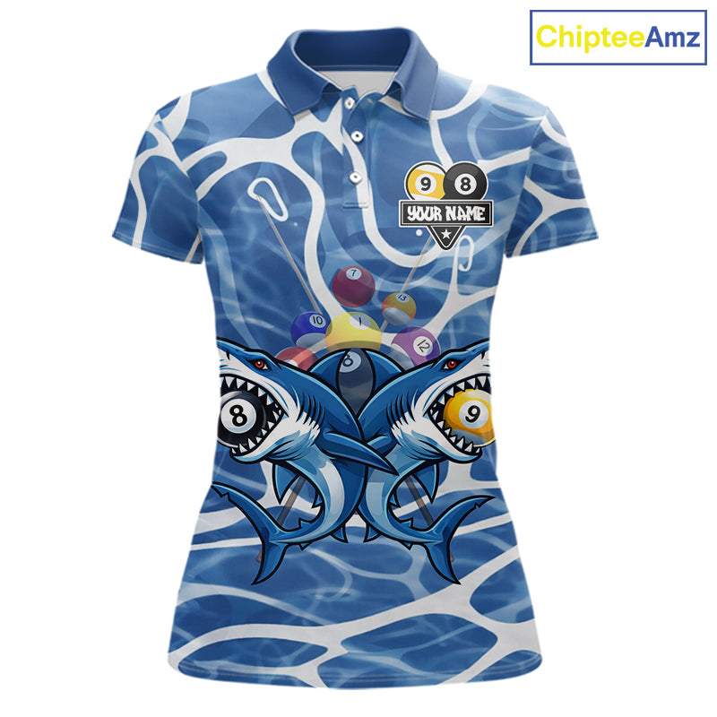 Blue Funny Shark 9 Ball & 8 Ball Billiard Shirt For Women Custom Pool Team Jersey Polo & 1/4 Zip TDM6057