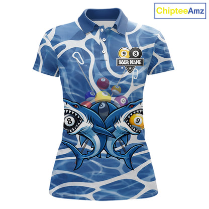 Blue Funny Shark 9 Ball & 8 Ball Billiard Shirt For Women Custom Pool Team Jersey Polo & 1/4 Zip TDM6057