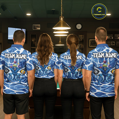 Blue Funny Shark 9 Ball & 8 Ball Billiard Shirt For Men Custom Pool Team Jersey Polo & 1/4 Zip TDM6057