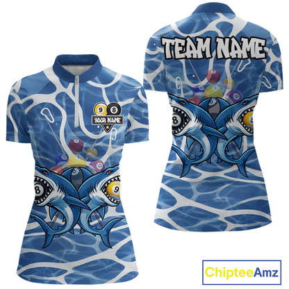 Blue Funny Shark 9 Ball & 8 Ball Billiard Shirt For Women Custom Pool Team Jersey Polo & 1/4 Zip TDM6057