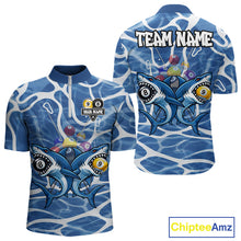 Load image into Gallery viewer, Blue Funny Shark 9 Ball &amp; 8 Ball Billiard Shirt For Men Custom Pool Team Jersey Polo &amp; 1/4 Zip TDM6057