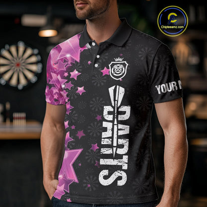 Pink And Black Custom Star Dart Shirts For Men, Glowing Dart Jerseys Funny Darts Team Shirts TDM3884