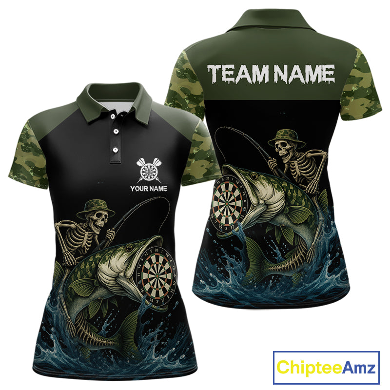 Funny Green Camo Skeleton Fishing Dart Shirt For Women With Pocket Option TDM3969