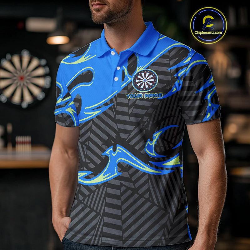 Custom Black And Blue Tribal Flame Dart Shirts For Men, Darts Team Jerseys Polo & Quarter Zip TDM3970