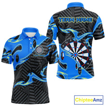 Load image into Gallery viewer, Custom Black And Blue Tribal Flame Dart Shirts For Men, Darts Team Jerseys Polo &amp; Quarter Zip TDM3970