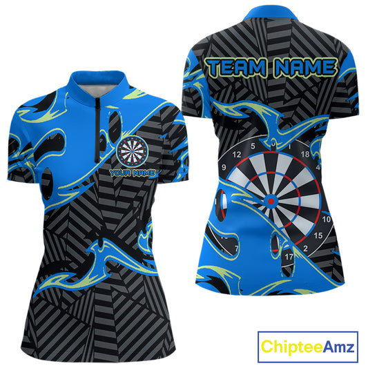 Custom Black And Blue Tribal Flame Dart Shirts For Women, Darts Team Jerseys Polo & Quarter Zip TDM3970