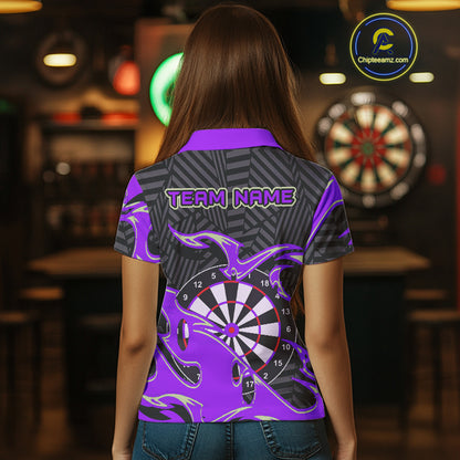 Custom Black And Purple Tribal Flame Dart Shirts For Women, Darts Team Jerseys Polo & Quarter Zip TDM3971