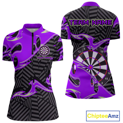 Custom Black And Purple Tribal Flame Dart Shirts For Women, Darts Team Jerseys Polo & Quarter Zip TDM3971