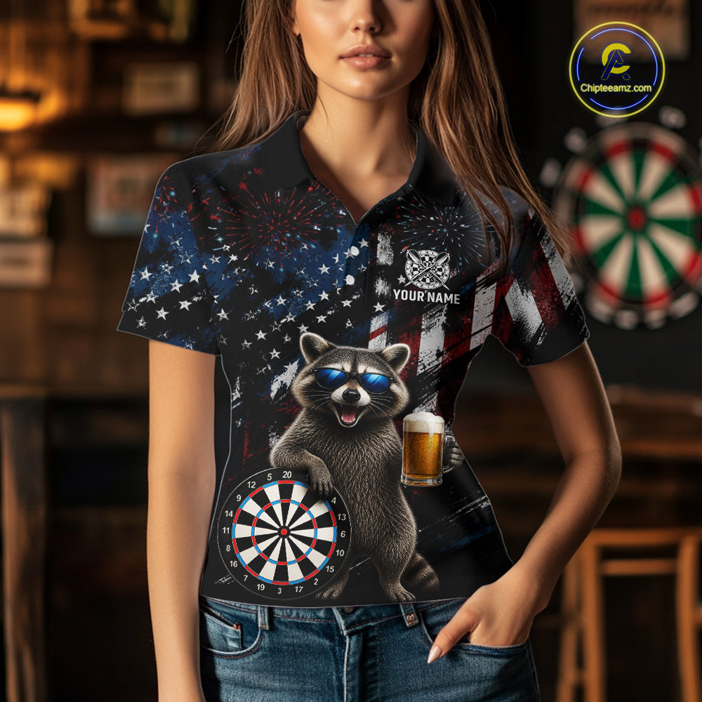 Funny Raccoon Grunge American Flag Darts Shirt For Women Custom Darts Jersey Team Polo & 1/4 Zip TDM6483