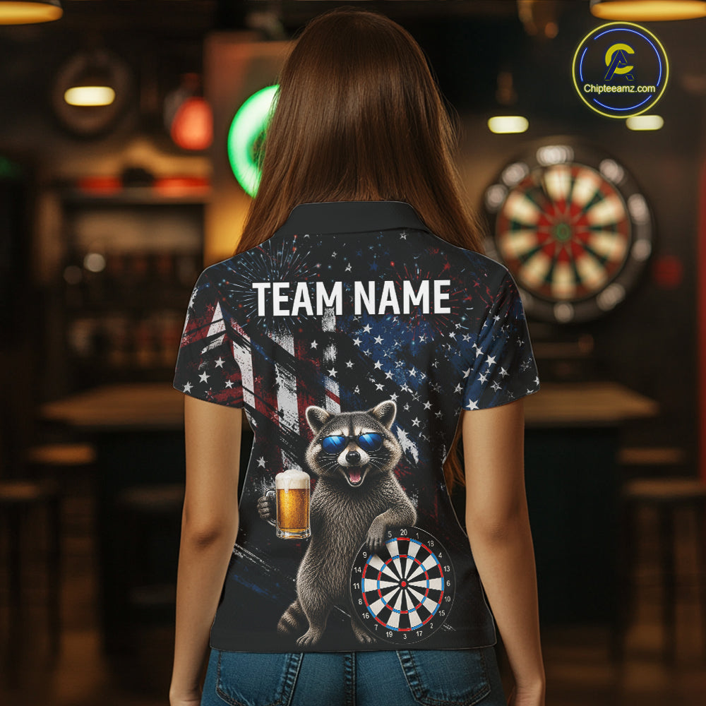 Funny Raccoon Grunge American Flag Darts Shirt For Women Custom Darts Jersey Team Polo & 1/4 Zip TDM6483