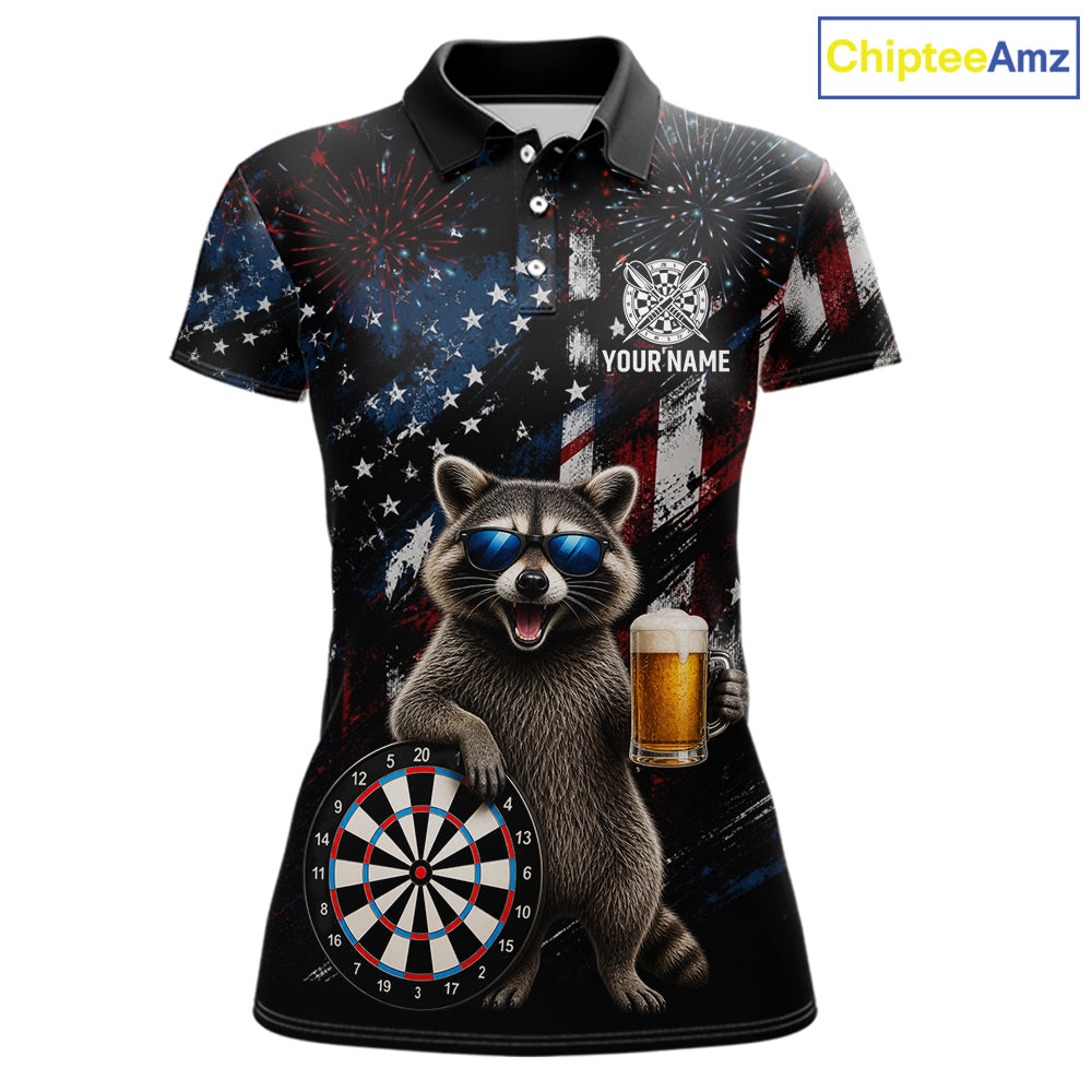 Funny Raccoon Grunge American Flag Darts Shirt For Women Custom Darts Jersey Team Polo & 1/4 Zip TDM6483