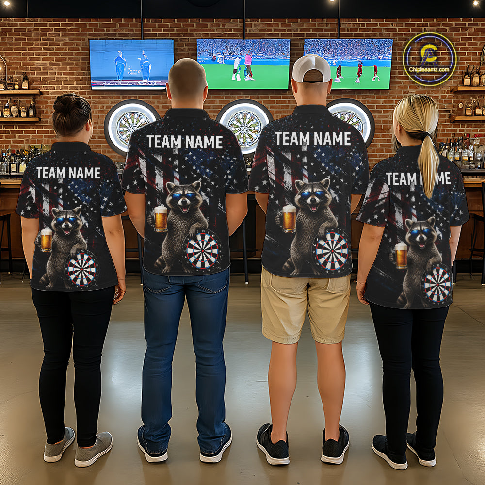 Funny Raccoon Grunge American Flag Darts Shirt For Women Custom Darts Jersey Team Polo & 1/4 Zip TDM6483