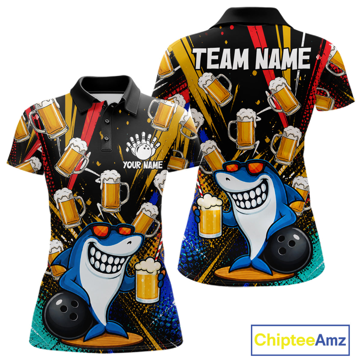 Colorful Graffiti Funny Shark And Beer Bowling Polo, 1/4 Zip For Women Custom Bowling Team Jersey TDM6488