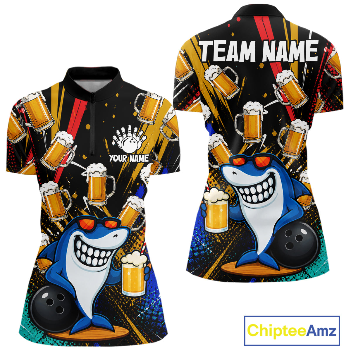 Colorful Graffiti Funny Shark And Beer Bowling Polo, 1/4 Zip For Women Custom Bowling Team Jersey TDM6488