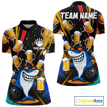 Colorful Graffiti Funny Shark And Beer Bowling Polo, 1/4 Zip For Women Custom Bowling Team Jersey TDM6488