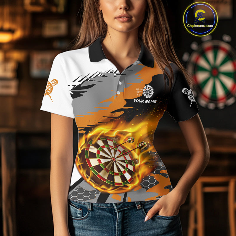 Orange Dartboard Fire Flame Paint Splash Dart Shirt Polo & 1/4 Zip For Women Custom Dart Team Jersey TDM4173