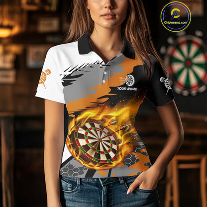 Orange Dartboard Fire Flame Paint Splash Dart Shirt Polo & 1/4 Zip For Women Custom Dart Team Jersey TDM4173