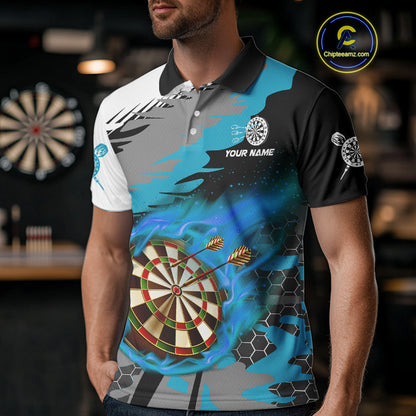 Blue Dartboard Fire Flame Paint Splash Dart Shirt Polo & 1/4 Zip For Men Custom Dart Team Jersey TDM4174